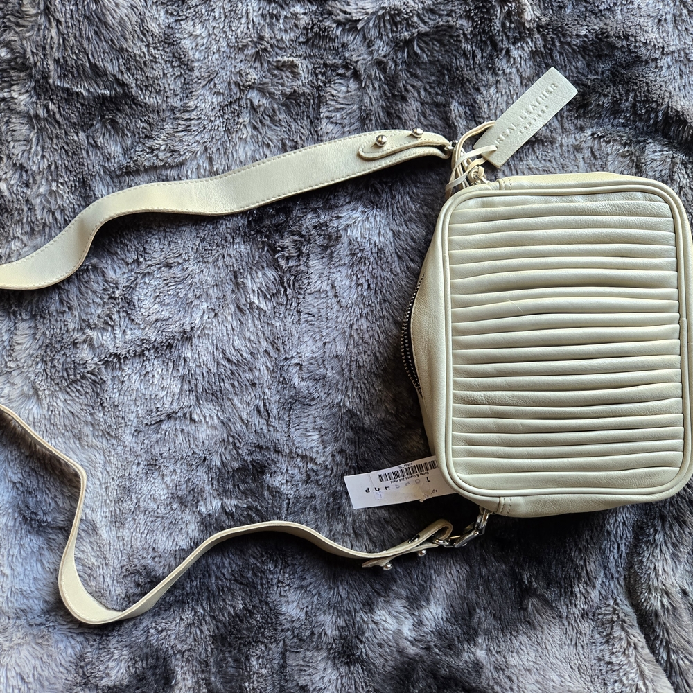 Topshop Genuine Leather Cream Quilted Crossbody Bag With Silver Hardware